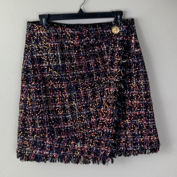Eva Franco Plaid Tweed Frayed Edges Sequin Embellishment A-Line Skirt Size 8 - Picture 12 of 13
